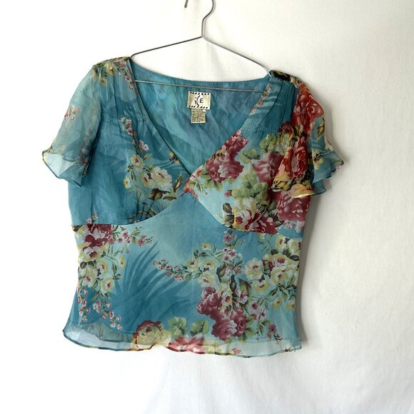 ICE Silk Baby Doll Floral Y2K Flutter Sleeve Fairycore Top XL - Picture 2 of 5